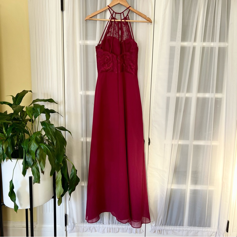 Hayley Paige Burgundy Halter Keyhole Lace Dress - Picture 7 of 12